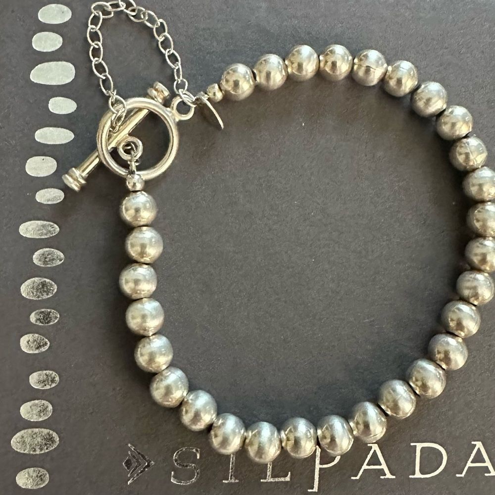 Silpada Sterling Silver 6mm Beaded Bracelet with Toggle Closure & Safety Chain